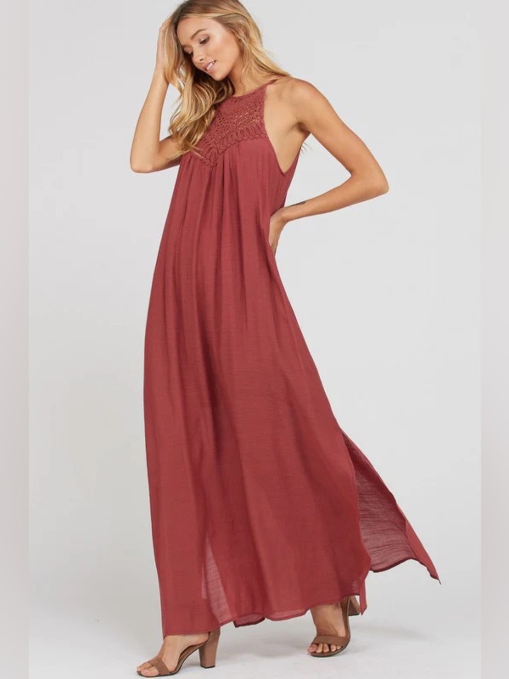 Wishlist Crochet-Yoke Maxi Dress in Dusty Rose